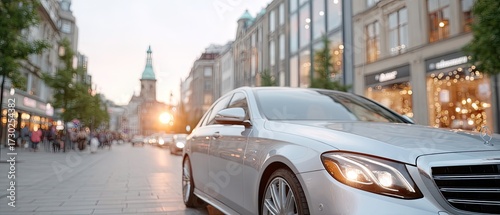 Silver Sedan on City Road at Sunset with Buildings and People in Background