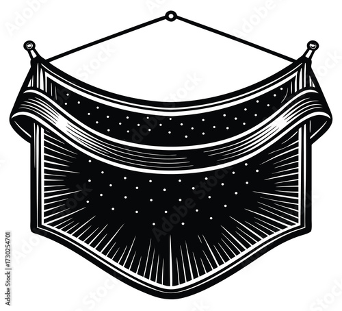 Vintage Banner Emblem Design: A striking vintage banner emblem, meticulously designed with intricate linework, hangs suspended. It is a timeless design perfect for conveying messages of heritage.