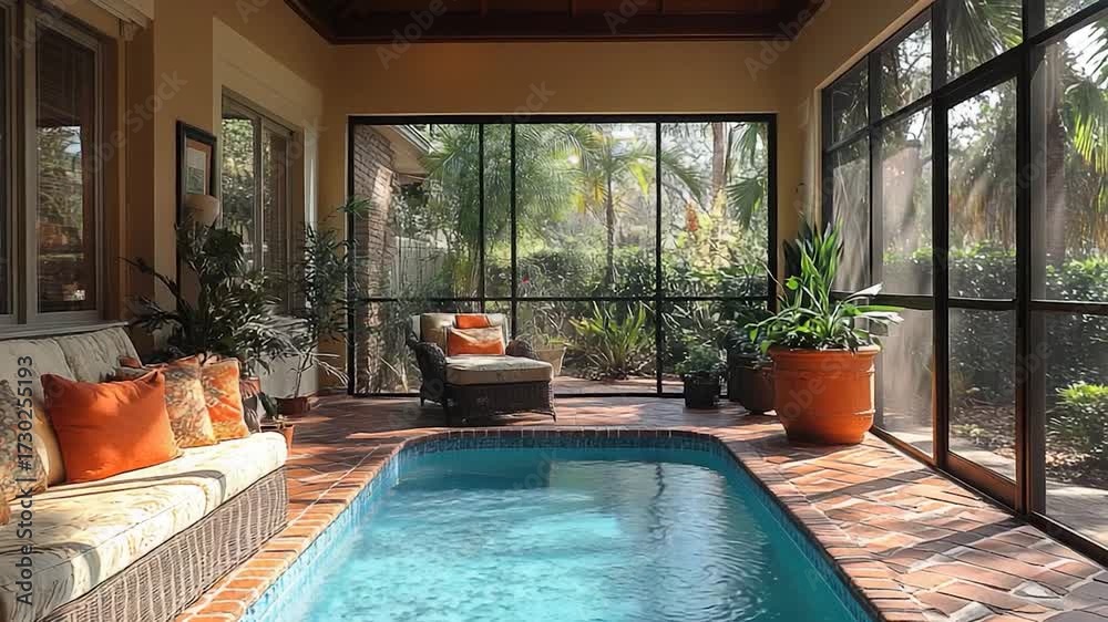 custom made wallpaper toronto digitalA modern living room with a swimming pool in the center, perfect for indoor recreation and relaxation