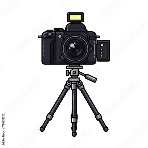 Digital camera setup featuring an external flash and battery grip, securely mounted on a sturdy tripod, ready for photography and videography projects