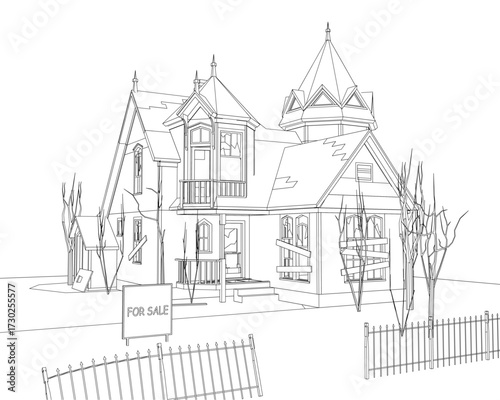 Abandoned house contour drawing with a fence, for sale sign, and surrounding trees on a white background.