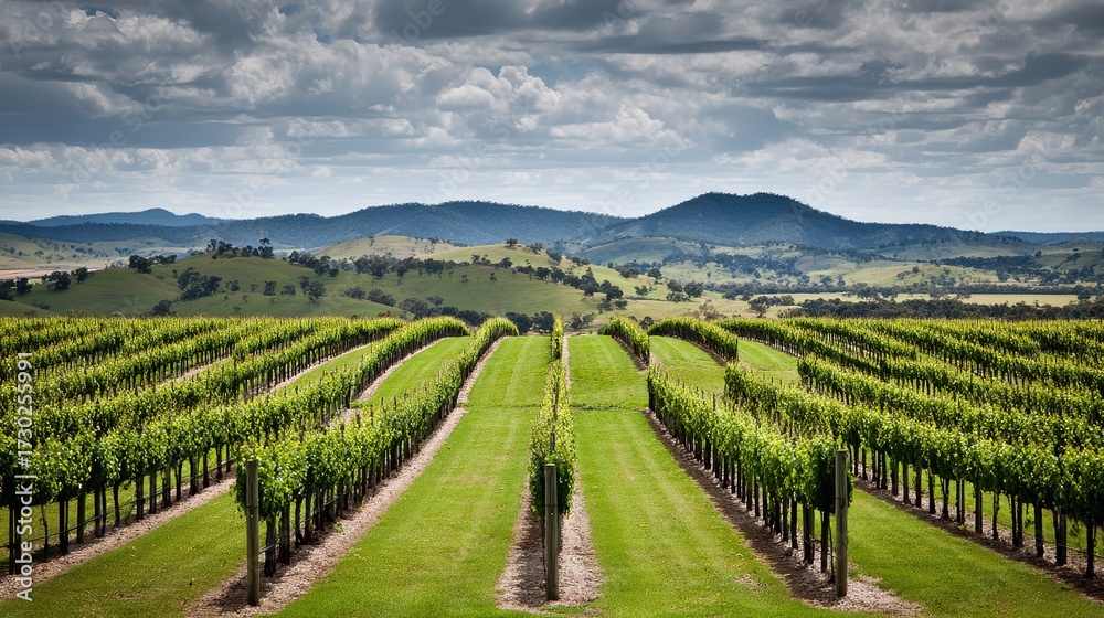 Fototapeta premium vineyard. Serene vineyard landscape with orderly grapevine rows under natural sunlight, evoking tranquility and growth. travel magazines.