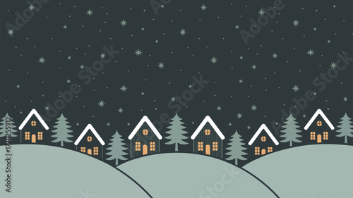 A winter scene with houses and trees under a starry night sky with snow covered hills and rooftops