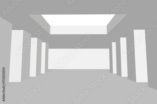 Polygonal white pillars stand in an empty room with bright white walls and a large skylight, creating a bright and airy atmosphere with soft illumination.