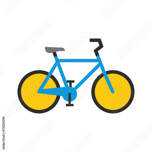 A simple, clean graphic illustration of a blue bicycle with yellow wheels on a white background