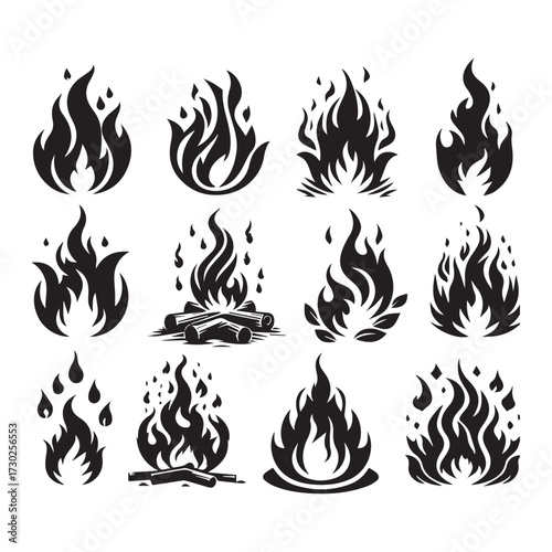 Selection of black stylized flame icons and campfire symbols on a white background Keywords: fire, flame, bonfire, campfire, heat, energy, burning, blaze, ignition, inferno, hot, icon, symbol