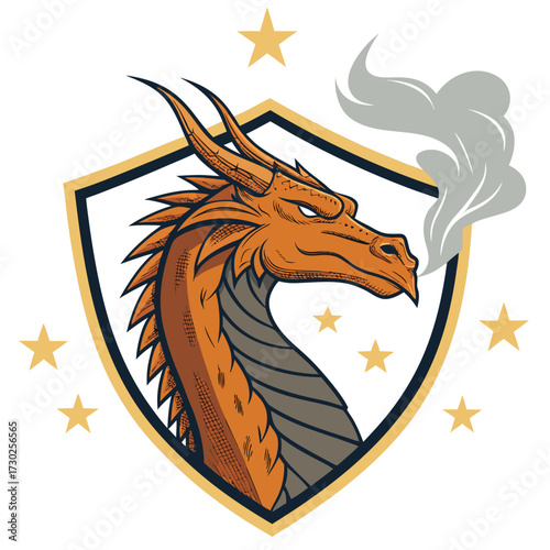 Orange dragon head with smoke coming out of its mouth in a shield.