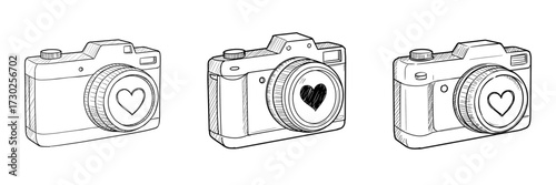 Outline illustrations of cameras with heart symbols  