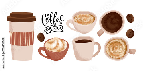 Coffee Bar. Variants of different coffee recipes. Whipped drink, black. Cups, mag, take away cup, beans on white background. Banner, logo, coffee shop poster, restaurant, company, cafe. Breaking time