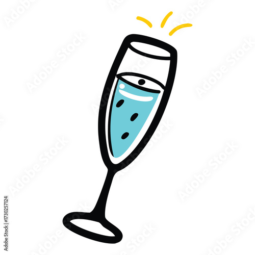 champagne flute with blue liquid and golden bubbles doodle celebration vector icon