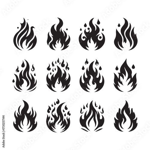 Simple Black Fire Flame Icons in a Grid Format on White Background Keywords: fire, flame, icon, symbol, heat, energy, power, danger, burn, blaze, inferno, bonfire, campfire, torch, ignition
