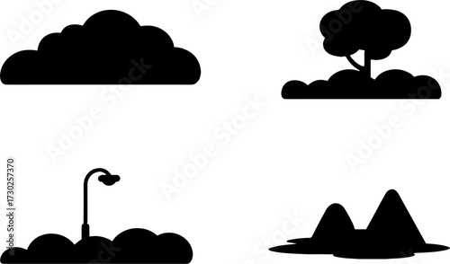 Silhouette Vector Set of Landscape Elements Trees Bushes Street Lamp Hills for Design and Illustration