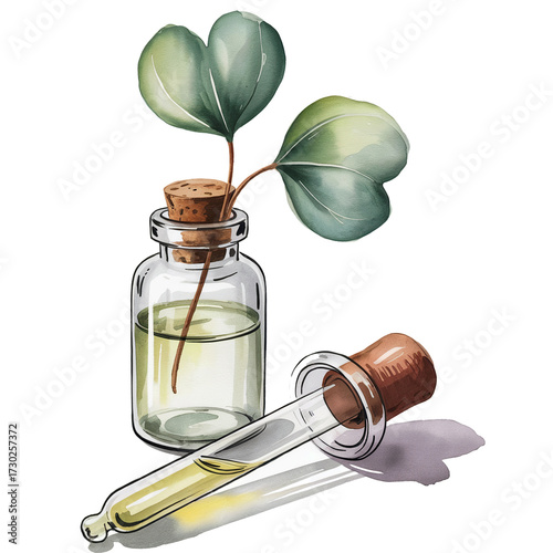 Watercolor illustration of essential oil bottle dropper and fresh eucalyptus leaves