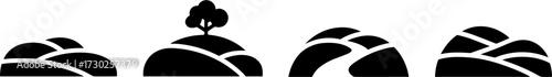 Simple black silhouette farm landscape with fields hills and a tree set for logos and design