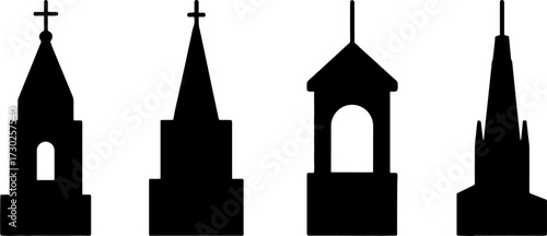 Church steeple silhouettes with crosses and architectural towers for tattoo design and coloring book