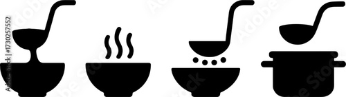 Cookings Set Featuring Soup Ladle Bowls and Steaming Pots