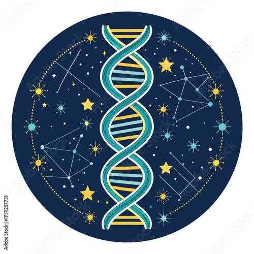 A science illustration featuring a DNA double helix surrounded by stars.