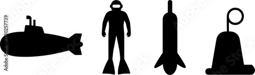 Submarine Diver Rocket and Buoy Vector Silhouettes for Design