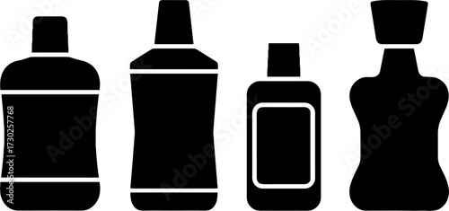 Silhouette set of different shaped bottles suitable for mouthwash liquid containers or personal care packaging design template