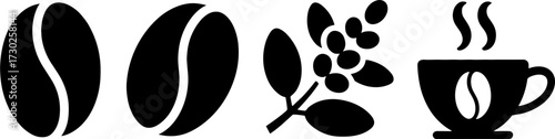 Coffee Beans Coffee Plant Branch with Berries and Steaming Coffee Cup Silhouettes for Cafe Logo Design