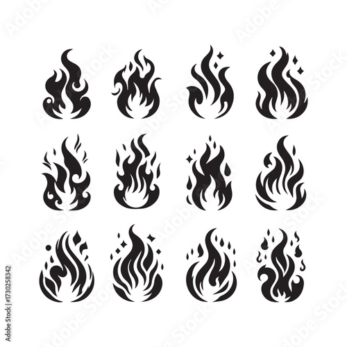 Twelve Diverse Black Fire Flame Icons and Symbols on White Background heat