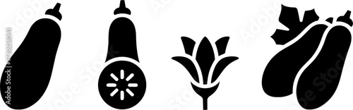 Stylized Black Veggies Set Featuring Eggplants Zucchini and Flowers