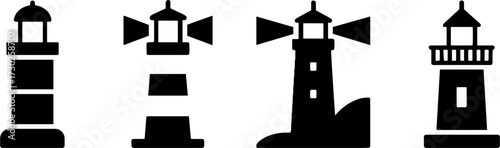 Stylized Black Lighthouses Set for Nautical Designs and Artwork