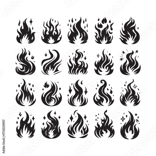Twenty Black Stylized Fire Flame Icons with Sparkles and Swirls on White Background symbol heat