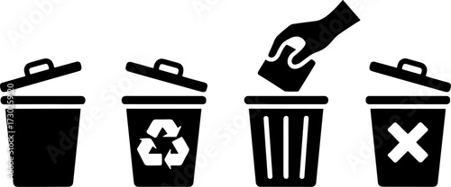 Black Trash Bins with Open Lids Hand Throwing Garbage and Recycling Symbol for Waste Management