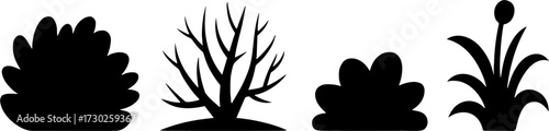Black Silhouette Bushes and Plants Set Decorative Garden Elements for Landscape Design and Nature Illustration