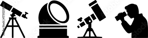 Astronomy telescope observatory instruments and person looking through telescope silhouette for stargazing and space study