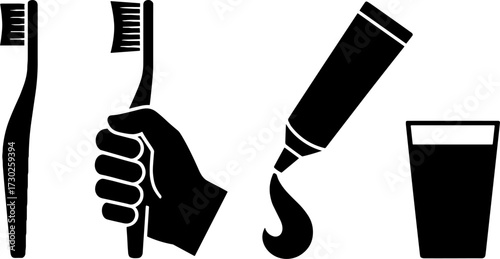 Toothbrush Toothpaste Hand Holding Brushing Dental Hygiene Illustration for Health Care or Coloring Book Design