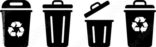 Four Black Trash Bins with Recycling Symbols for Eco Design
