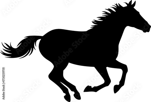 Black Silhouette of Galloping Horse with Flowing Mane and Tail for Tattoo Design and Decoration