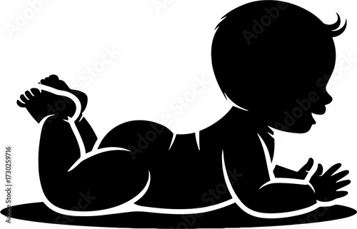 Silhouette of Adorable Baby Crawling on Belly with Hands Clasped for Kids Design and Tattoo