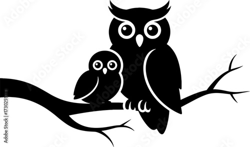 Black silhouette of an adult owl and baby owl perched on a tree branch nature wildlife design for tattoos and coloring