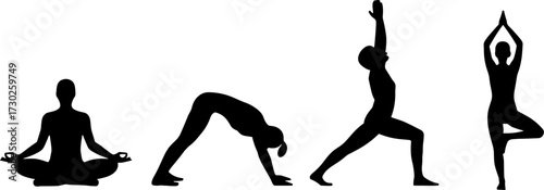 Yoga Pose Silhouettes Meditation Downward Dog Warrior Tree Posture Fitness Exercise Outline