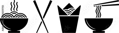 Asian Noodles in Bowl and Takeout Box with Chopsticks Vector for Menu and Cooking Design