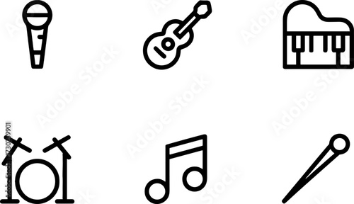 Musics Set Featuring Microphone Guitar Piano Drums Notes