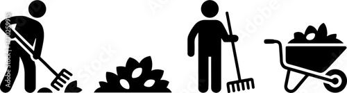 Gardening Illustrations with Workers Digging Raking and Wheelbarrow