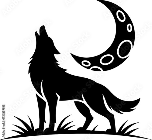 Howling Wolf Silhouette Under Crescent Moon with Craters Nature Scene for Tattoo Design