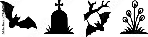 Bat Graveyard Silhouettes Halloween Themed Graphic Elements