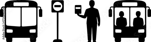 Public Transportations Set Featuring Buses and Ticket Passenger