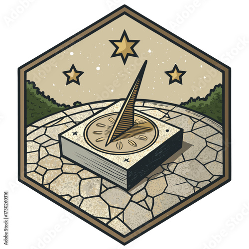 A sundial sits on a stone patio under a starry sky.