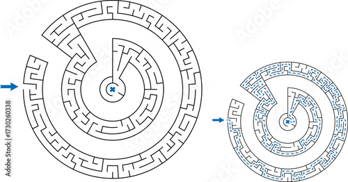 Simple black line spiral maze for kids. Flat vector illustration isolated on white background with solution path. Educational logic puzzle game.