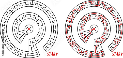 Simple black line spiral maze for kids. Flat vector illustration isolated on white background with solution path. Educational logic puzzle game.