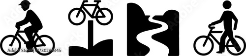 Black silhouettes of mountain biking cyclist bike trail and rider for outdoor adventure designs