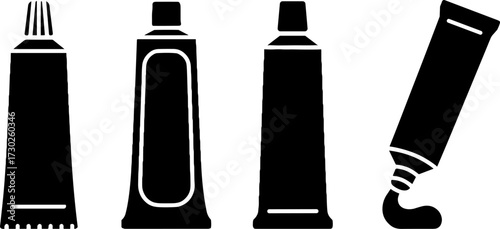 Black silhouette vector set of four different squeezed and unopened cosmetic and paint tubes for design