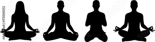 Meditation Silhouettes Group of People Sitting Cross Legged Practicing Mindfulness and Yoga for Relaxation