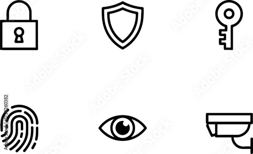Securitys Vector Set with Lock Shield Key Fingerprint Eye and Surveillance Camera for Protection